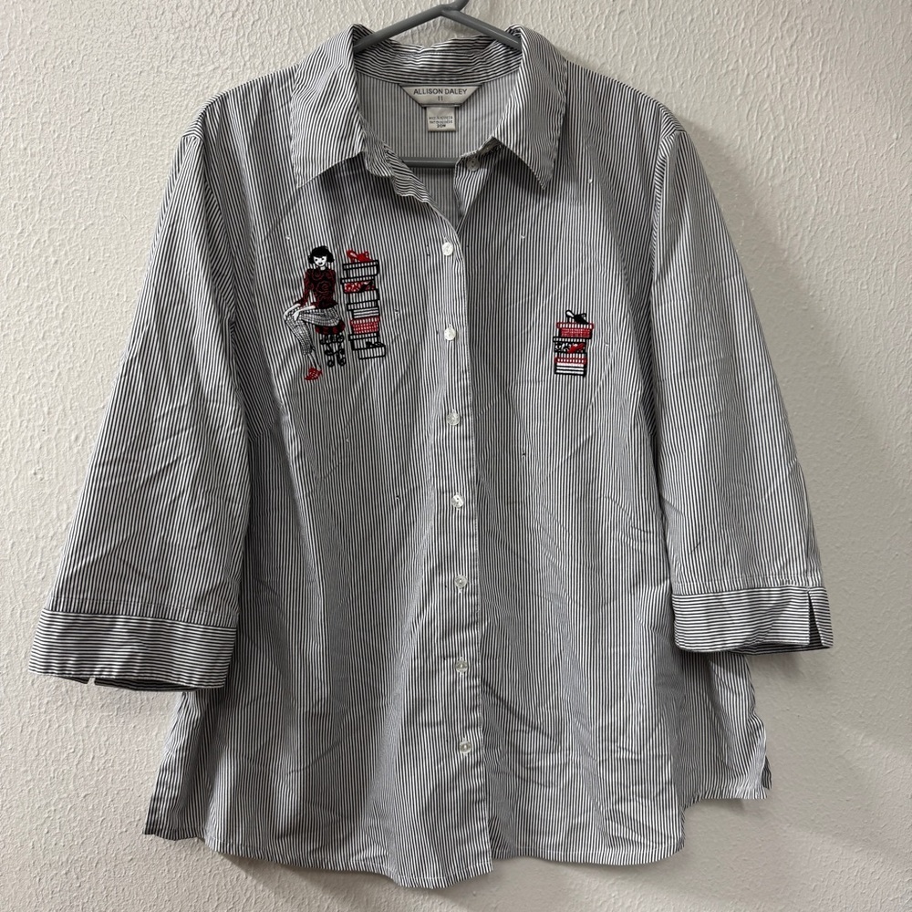 Allison Daley Women's Embroidered Black & White Striped Button-Up Shirt